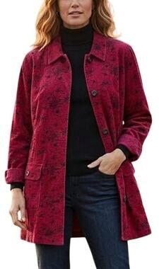 VTG 90s DENIM&CO Floral Sketch Art Oversized Red Corduroy Jacket Barn Coat SZ L